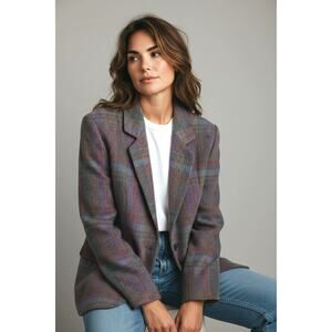 Vintage Carlisle Wool Tweed Blazer Jacket 10 Made in Hong Kong Plaid One Button